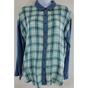 Lee Blue Green Plaid Button Up Shirt Large Blue Solid Long Sleeves Lightweight